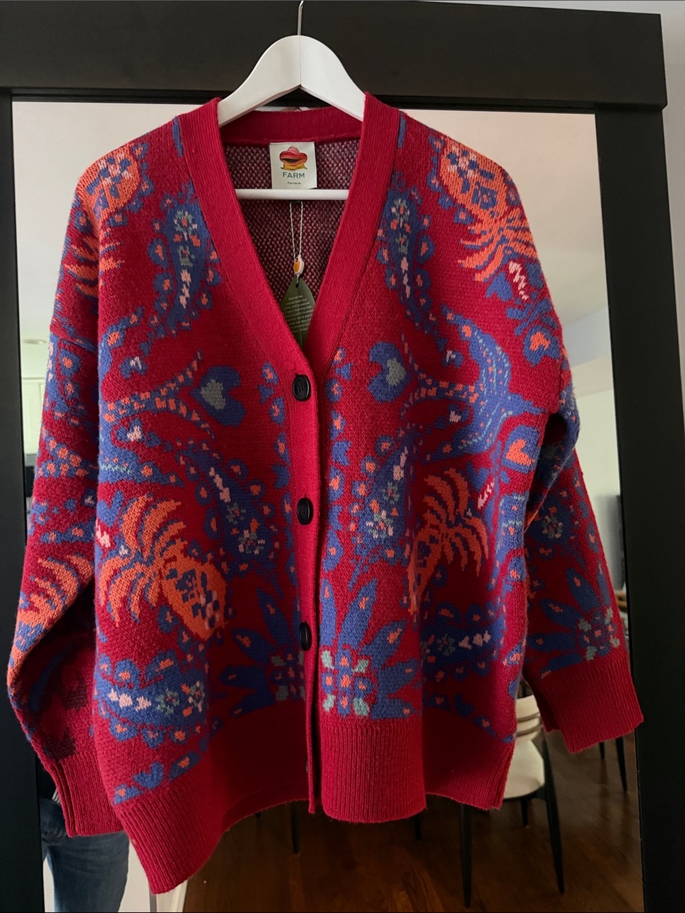 FARM Rio Red Cardigan with Blue and Orange Floral Jacquard